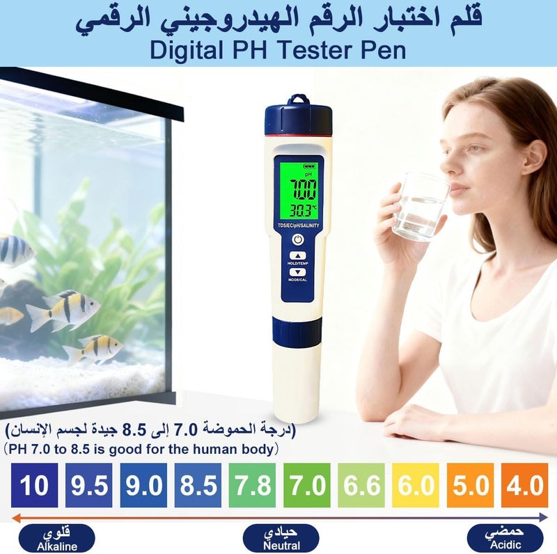 Water Tester 5-in-1 pH TDS EC Salinity Temp with ATC & 3-Point Calibration | Digital Water Pen, High Accuracy Probe, IP67 Waterproof, LED Backlit Display, For Pool Aquarium Drinking Water Hydroponics - Image 2