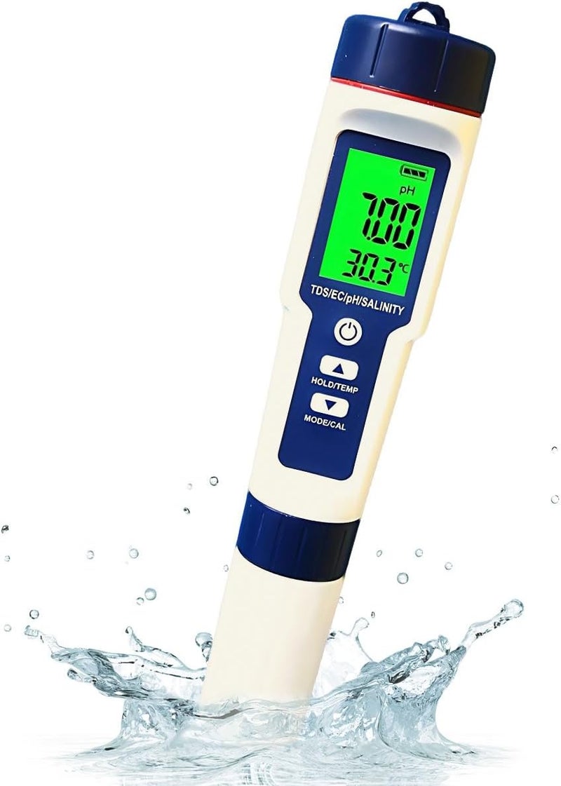 Water Tester 5-in-1 pH TDS EC Salinity Temp with ATC & 3-Point Calibration | Digital Water Pen, High Accuracy Probe, IP67 Waterproof, LED Backlit Display, For Pool Aquarium Drinking Water Hydroponics - Image 1