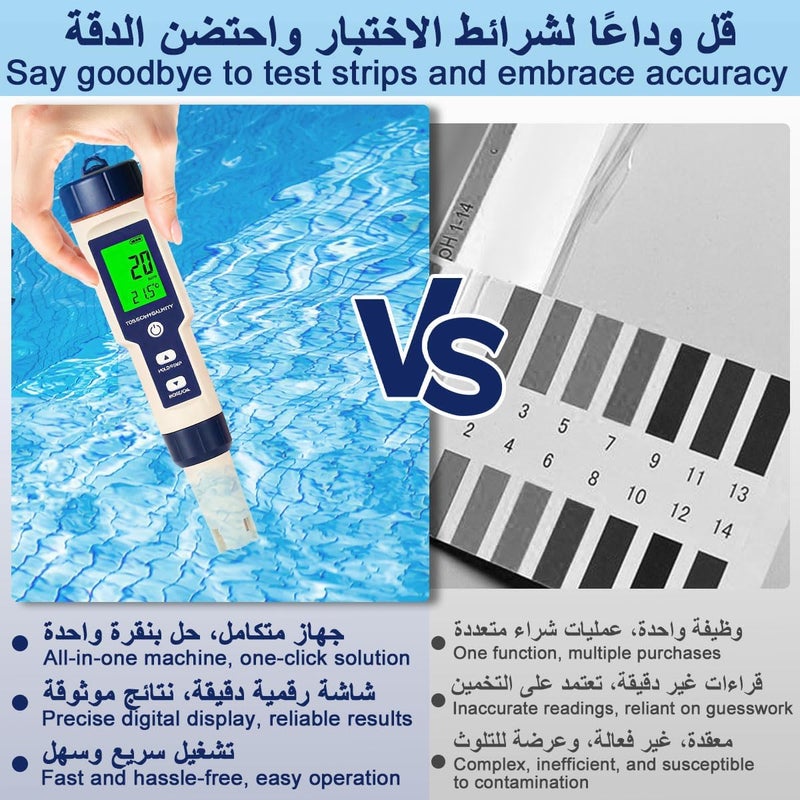 Water Tester 5-in-1 pH TDS EC Salinity Temp with ATC & 3-Point Calibration | Digital Water Pen, High Accuracy Probe, IP67 Waterproof, LED Backlit Display, For Pool Aquarium Drinking Water Hydroponics - Image 5