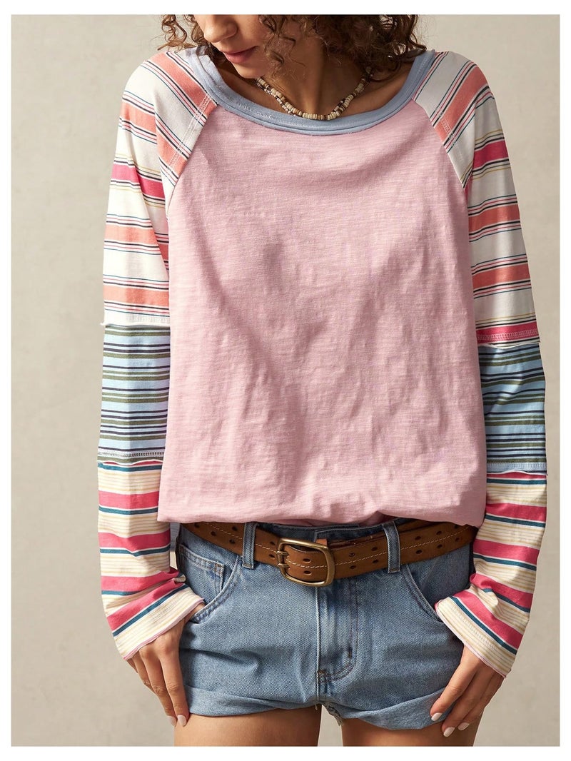 WDIRARA Women's Color Block Striped Long Sleeve T Shirts Crew Neck Tee Loose Patchwork Tops Pink Medium - Image 5
