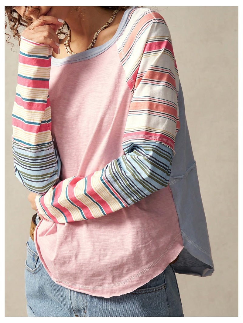 WDIRARA Women's Color Block Striped Long Sleeve T Shirts Crew Neck Tee Loose Patchwork Tops Pink Medium - Image 2