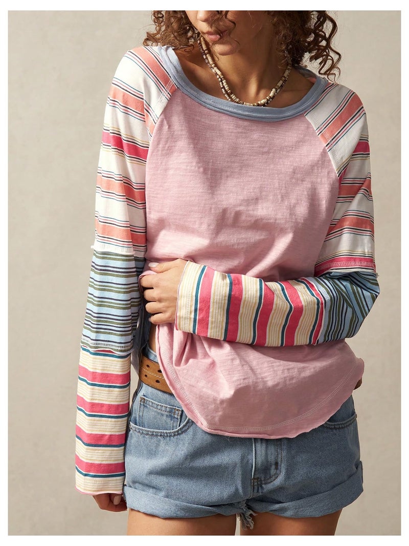 WDIRARA Women's Color Block Striped Long Sleeve T Shirts Crew Neck Tee Loose Patchwork Tops Pink Medium - Image 4