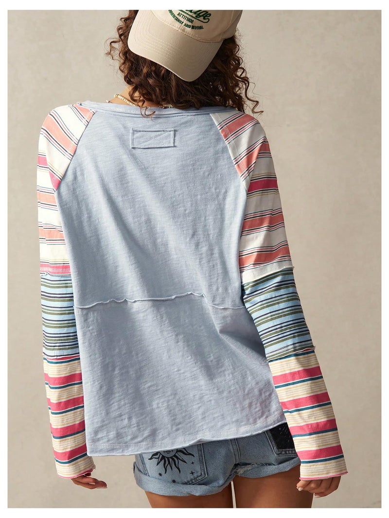 WDIRARA Women's Color Block Striped Long Sleeve T Shirts Crew Neck Tee Loose Patchwork Tops Pink Medium - Image 3