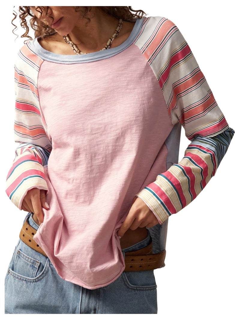 WDIRARA Women's Color Block Striped Long Sleeve T Shirts Crew Neck Tee Loose Patchwork Tops Pink Medium - Image 1