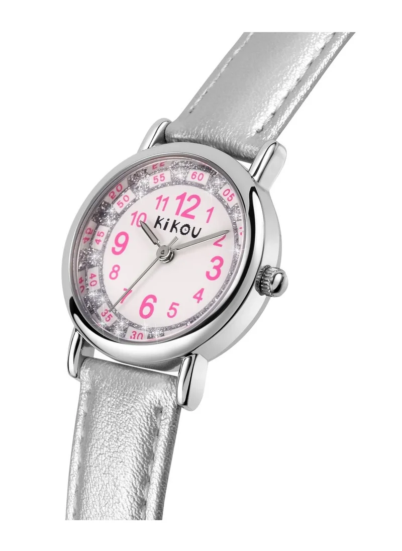 Kikou Mademoiselle Kids Analog Watch for Boys & Girls - White Dial, 28mm Round Case, Silver Leather Strap, Quartz, 30M Water Resistant - R4551105505