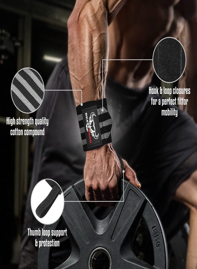 BEAST RAGE Weight Lifting Straps Wrist Wraps Fitness Padded Cotton Wrist Support Gel Advanced Grips Dumbbell Bar Wraps Heavy Duty Gym Bodybuilding Straps Power Deadlift Barbells (Black/Grey Wraps) - Image 2