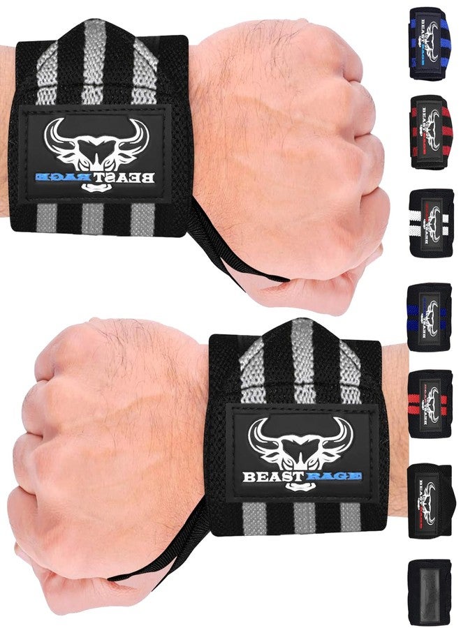 BEAST RAGE Weight Lifting Straps Wrist Wraps Fitness Padded Cotton Wrist Support Gel Advanced Grips Dumbbell Bar Wraps Heavy Duty Gym Bodybuilding Straps Power Deadlift Barbells (Black/Grey Wraps) - Image 1