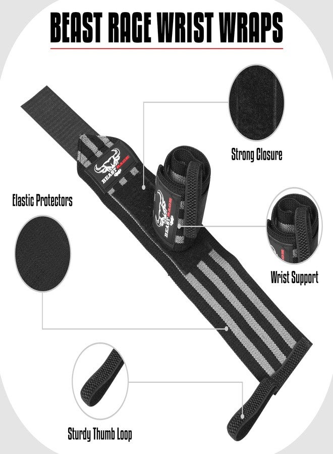BEAST RAGE Weight Lifting Straps Wrist Wraps Fitness Padded Cotton Wrist Support Gel Advanced Grips Dumbbell Bar Wraps Heavy Duty Gym Bodybuilding Straps Power Deadlift Barbells (Black/Grey Wraps) - Image 4