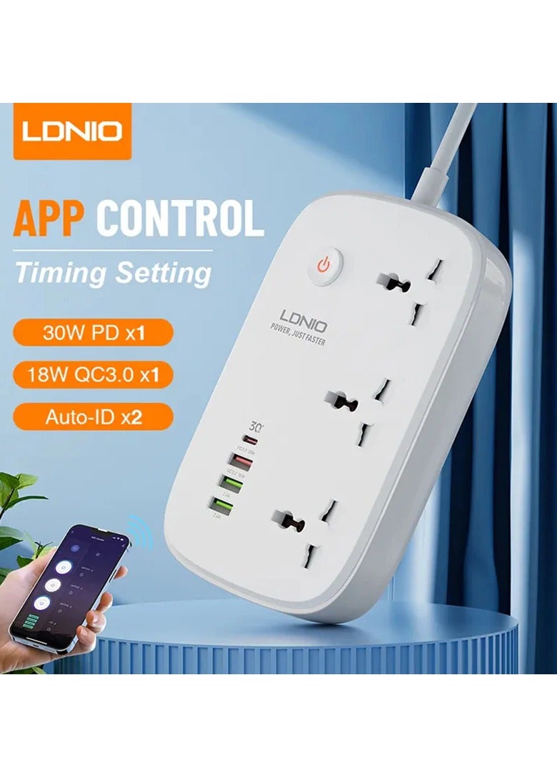 لدنيو محول الطاقة، واقي التيار الكهربائي SCW3451 WIFI قطاع الطاقة الذكي مع 3 منافذ تيار متردد عالمية 1 PD، 1 QC3.0 و2 منافذ معرف تلقائي - أبيض - Image 2