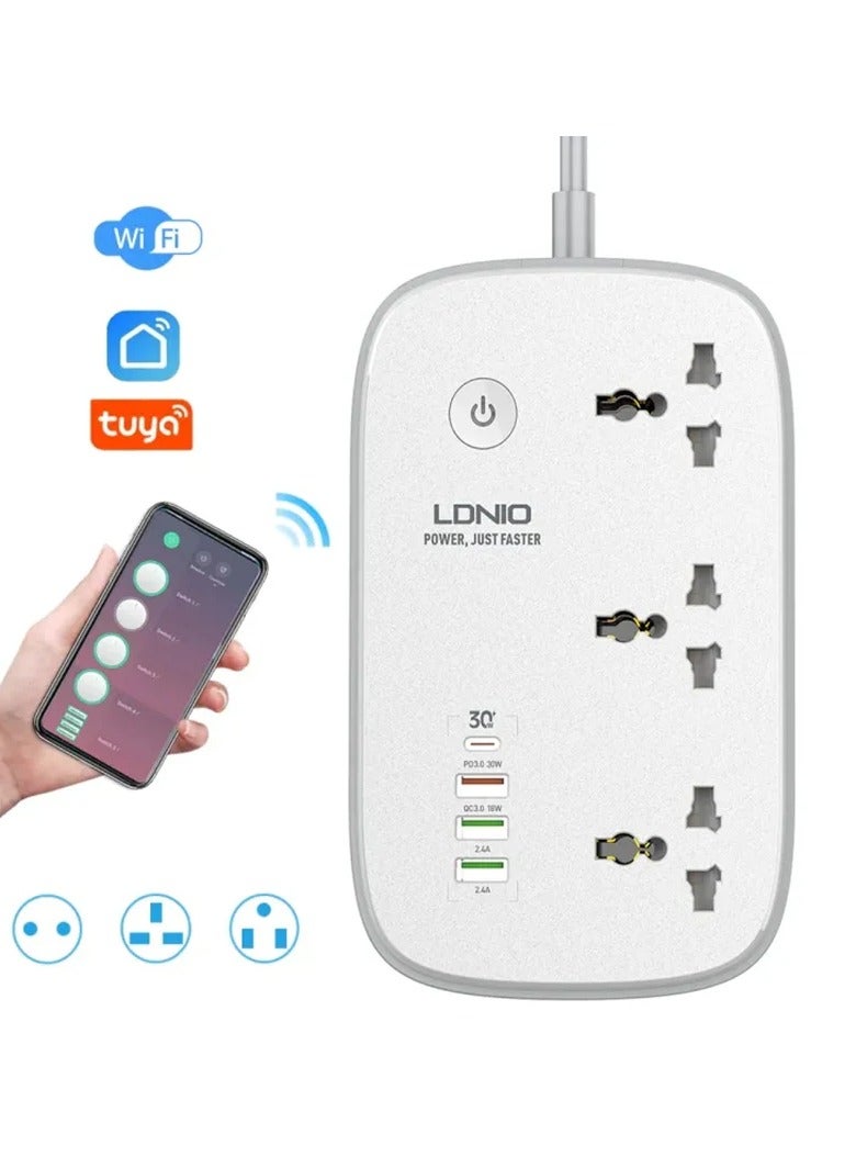 لدنيو محول الطاقة، واقي التيار الكهربائي SCW3451 WIFI قطاع الطاقة الذكي مع 3 منافذ تيار متردد عالمية 1 PD، 1 QC3.0 و2 منافذ معرف تلقائي - أبيض - Image 3