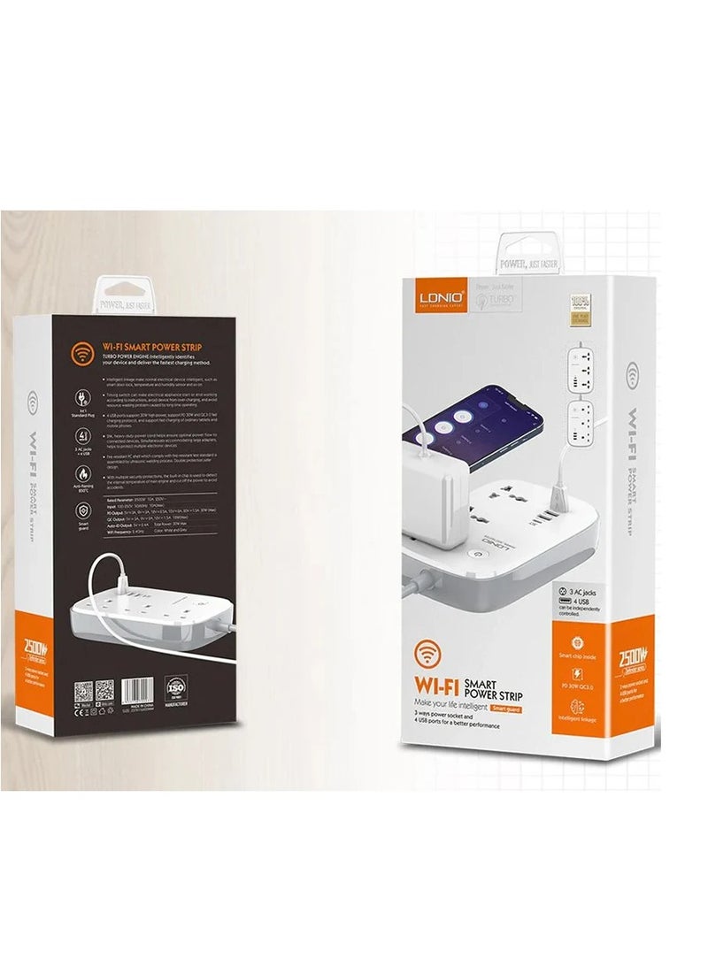 لدنيو محول الطاقة، واقي التيار الكهربائي SCW3451 WIFI قطاع الطاقة الذكي مع 3 منافذ تيار متردد عالمية 1 PD، 1 QC3.0 و2 منافذ معرف تلقائي - أبيض - Image 4