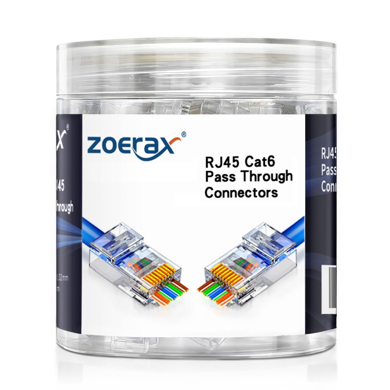 ZOERAX 100-Pack RJ45 Cat6 Pass Through Connector RJ45 Modular Plugs for Solid or Stranded UTP Cable - Image 1