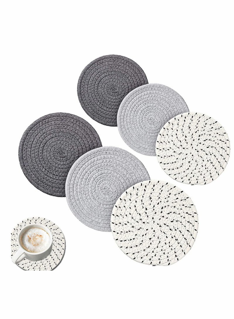 واي آند دي Mat, 6 Pieces Pot Trivets Large Braid Woven Trivet Coaster, Cotton Thread Weave Cup Coaster Hot Dish Pad Mat for Kitchen Cooking Supplies (7 Inch and 4.7 Inch, Gray Series)  - Image 1