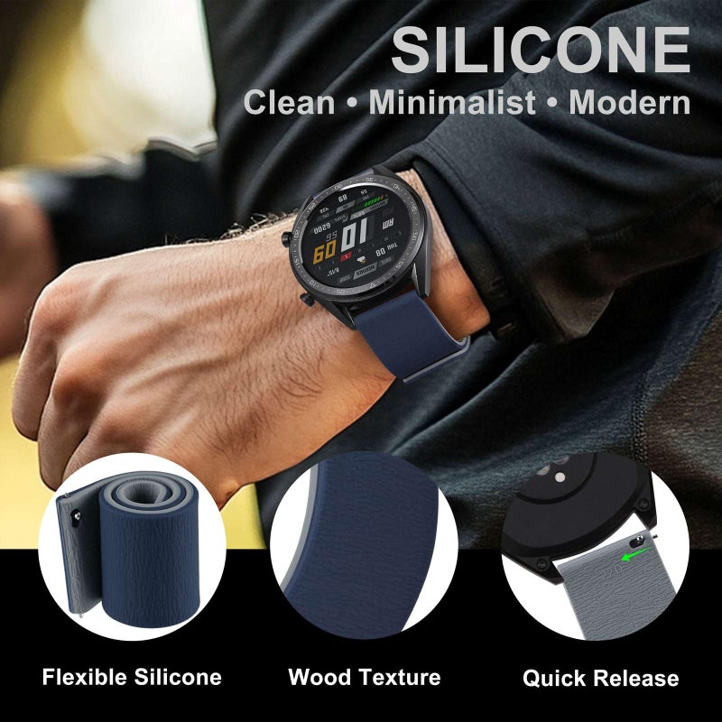 WOCCI 22mm Magnetic Watch Band, Wood Grain Silicone, Quick Release (Navy+Grey) - Image 4