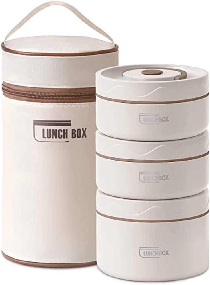 TDOO Microwavable Thermal Lunch Box, Portable Insulated Lunch Containers With Bag, Leakproof Stackable Stainless Steel Food Container For Adults, Kids, Set of 3 Tier Insulated Bento Boxes (beige-d-ae) - Image 2