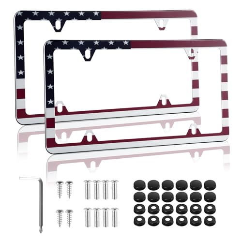 alpmosn 2PCS Stainless Steel License Plate Frames 4 Holes Car Licence Plate Covers with Screws Washers and Caps Car Exterior Accessories License Plate Holder for US Vehicles Red Flag - Image 1