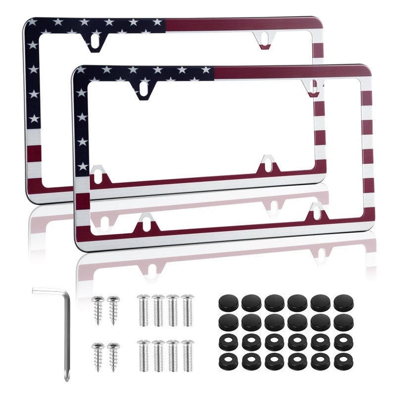 alpmosn 2PCS Stainless Steel License Plate Frames 4 Holes Car Licence Plate Covers with Screws Washers and Caps Car Exterior Accessories License Plate Holder for US Vehicles Red Flag - Image 3