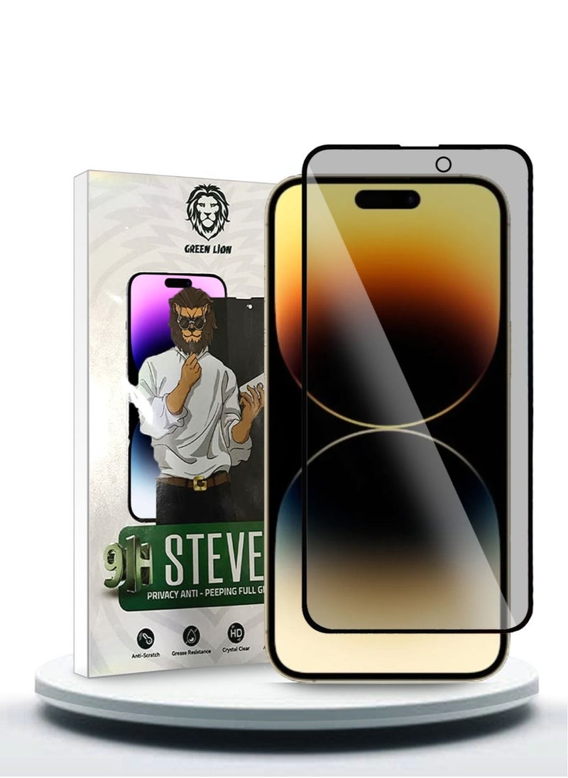 GREEN LION واقي شاشة زجاجي مقوى بالكامل 9H من Green Lion Steve Privacy لهاتف Apple iPhone 14 Pro - مضاد للخدش ومضاد لبصمات الأصابع  - Image 1