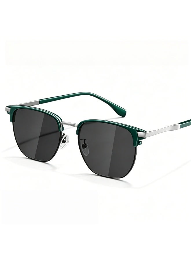 Retro-style half-rimmed metal sunglasses with browline detailing, UV400 protection, bronze-green/grey lenses, unisex driving sunglasses (bronze green). - Image 4