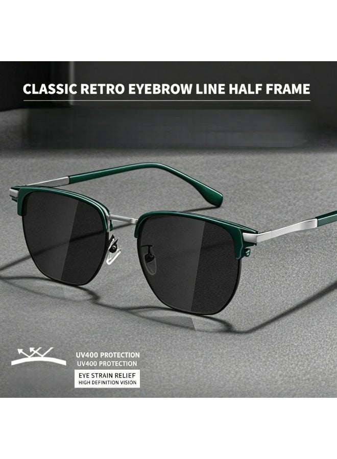 Retro-style half-rimmed metal sunglasses with browline detailing, UV400 protection, bronze-green/grey lenses, unisex driving sunglasses (bronze green). - Image 5