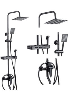 XiuWoo Matte Black Exposed Shower System Triple Function Bathroom Shower Faucet 20cm Square Swivel Rainfall Shower Head with Handheld Adjustable Complete Set Tub Spout Wall Mount Tap Set  - Image 1