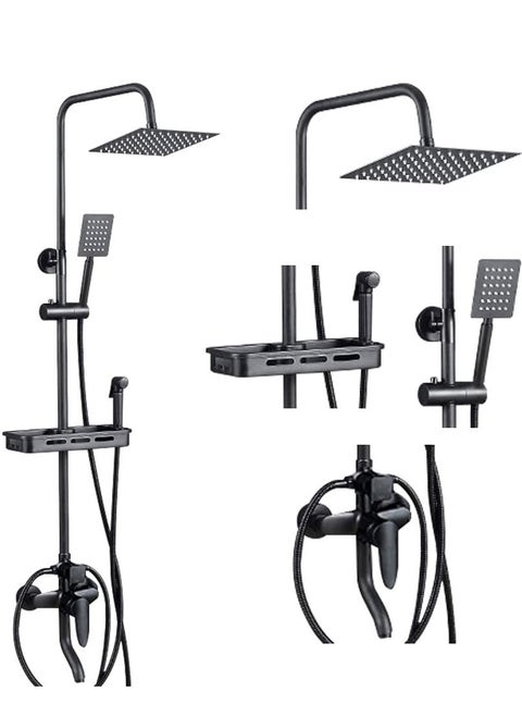Matte Black Exposed Shower System Triple Function Bathroom Shower Faucet 20cm Square Swivel Rainfall Shower Head with Handheld Adjustable Complete Set Tub Spout Wall Mount Tap Set