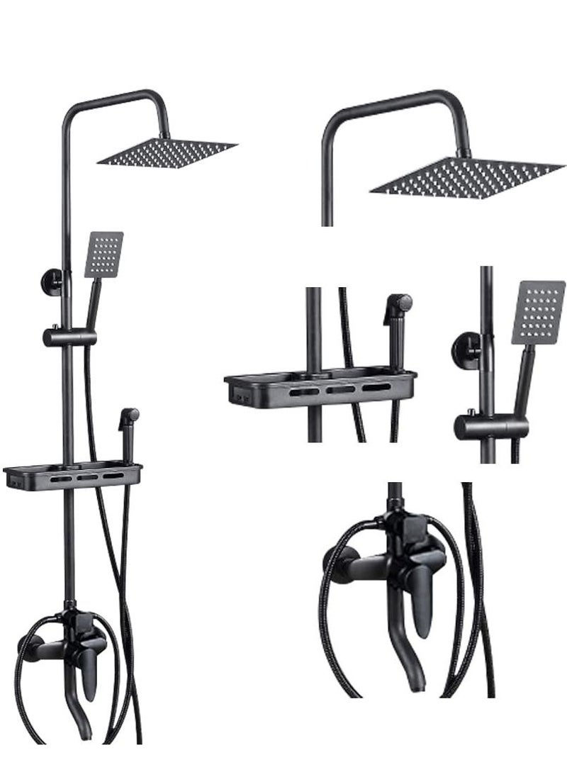 XiuWoo - Matte Black Exposed Shower System Triple Function Bathroom Shower Faucet 20cm Square Swivel Rainfall Shower Head with Handheld Adjustable Complete Set Tub Spout Wall Mount Tap Set - Image 1