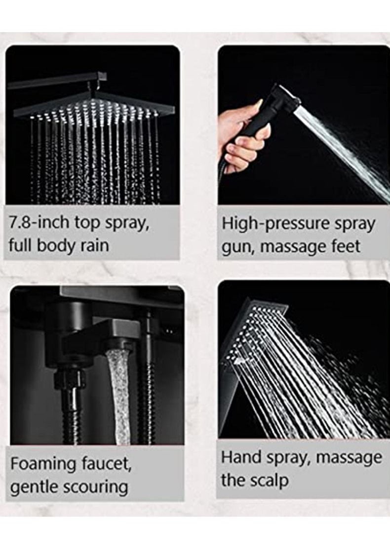 XiuWoo - Matte Black Exposed Shower System Triple Function Bathroom Shower Faucet 20cm Square Swivel Rainfall Shower Head with Handheld Adjustable Complete Set Tub Spout Wall Mount Tap Set - Image 1