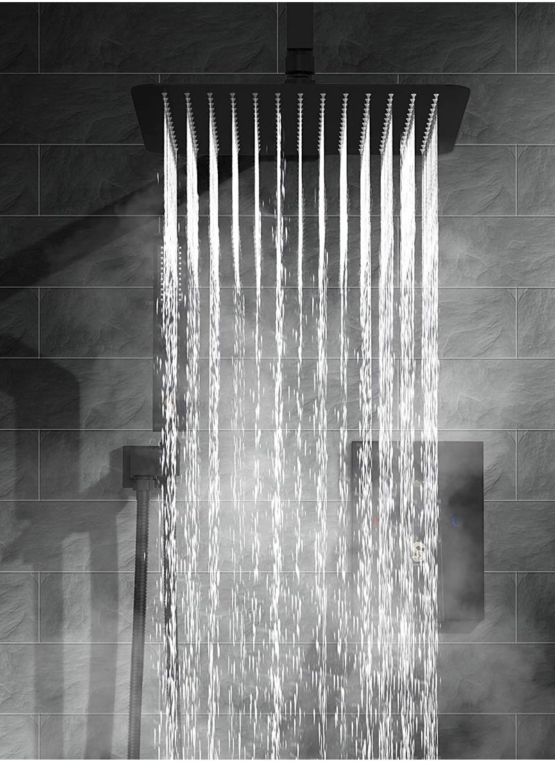 XiuWoo - Matte Black Exposed Shower System Triple Function Bathroom Shower Faucet 20cm Square Swivel Rainfall Shower Head with Handheld Adjustable Complete Set Tub Spout Wall Mount Tap Set - Image 1