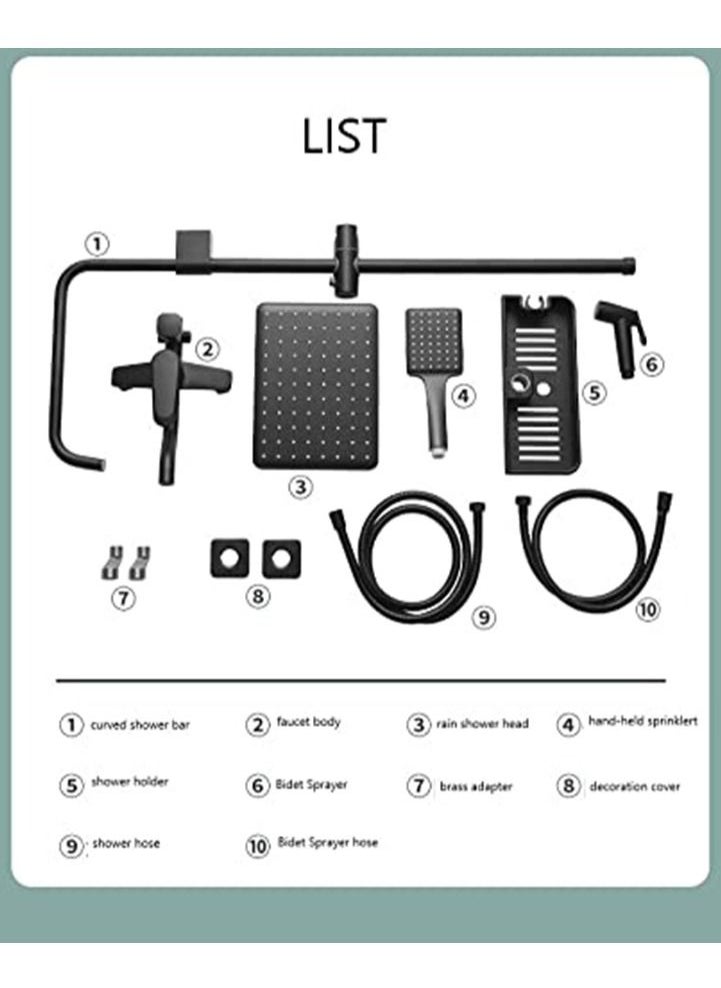 XiuWoo - Matte Black Exposed Shower System Triple Function Bathroom Shower Faucet 20cm Square Swivel Rainfall Shower Head with Handheld Adjustable Complete Set Tub Spout Wall Mount Tap Set - Image 1