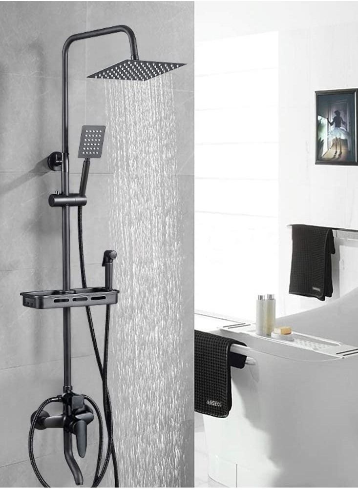 XiuWoo - Matte Black Exposed Shower System Triple Function Bathroom Shower Faucet 20cm Square Swivel Rainfall Shower Head with Handheld Adjustable Complete Set Tub Spout Wall Mount Tap Set - Image 1