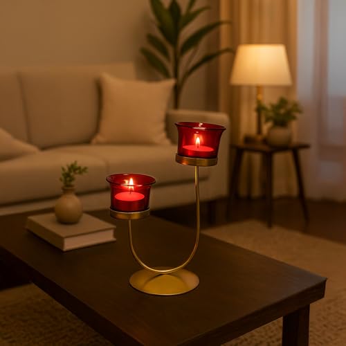 MARKET 99 Metal+Glass 2 Votive T- Light Holder U Shape | for Diwali, Christmas, Birthday, and Wedding | Decorative Candle Holder for Home Decor & Festive Season | Golden & Red - Image 1