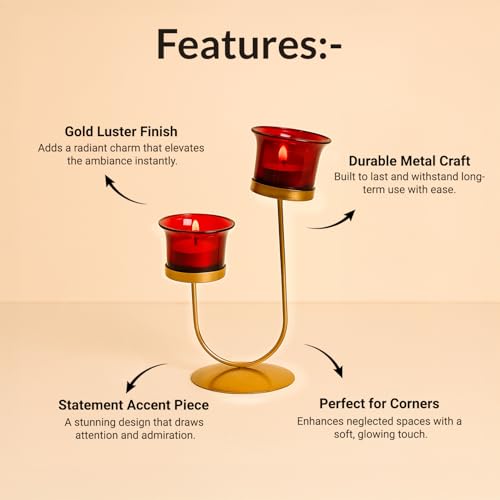 MARKET 99 Metal+Glass 2 Votive T- Light Holder U Shape | for Diwali, Christmas, Birthday, and Wedding | Decorative Candle Holder for Home Decor & Festive Season | Golden & Red - Image 2