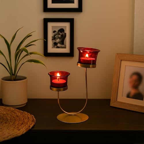 MARKET 99 Metal+Glass 2 Votive T- Light Holder U Shape | for Diwali, Christmas, Birthday, and Wedding | Decorative Candle Holder for Home Decor & Festive Season | Golden & Red - Image 4