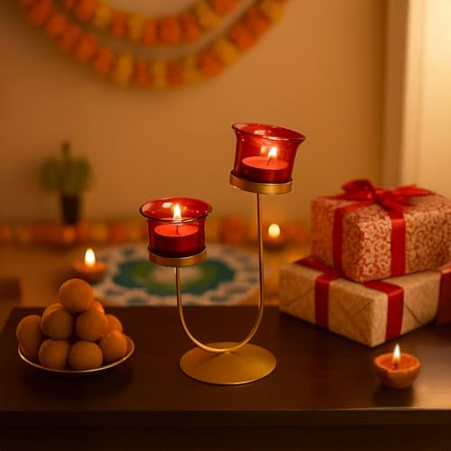 MARKET 99 Metal+Glass 2 Votive T- Light Holder U Shape | for Diwali, Christmas, Birthday, and Wedding | Decorative Candle Holder for Home Decor & Festive Season | Golden & Red - Image 5