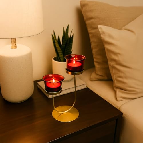 MARKET 99 Metal+Glass 2 Votive T- Light Holder U Shape | for Diwali, Christmas, Birthday, and Wedding | Decorative Candle Holder for Home Decor & Festive Season | Golden & Red - Image 3