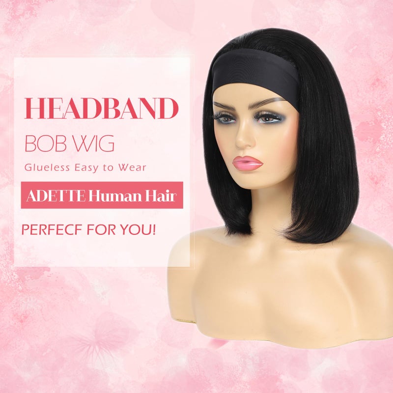 Adette Bob Human Hair Headband Wigs Straight Headband Wigs For Black Women Short Bob Human Hair Wigs Color 1B Natural Black None Front Lace 150% Density Brazilian Human Hair Headband Wig (8") - Image 2