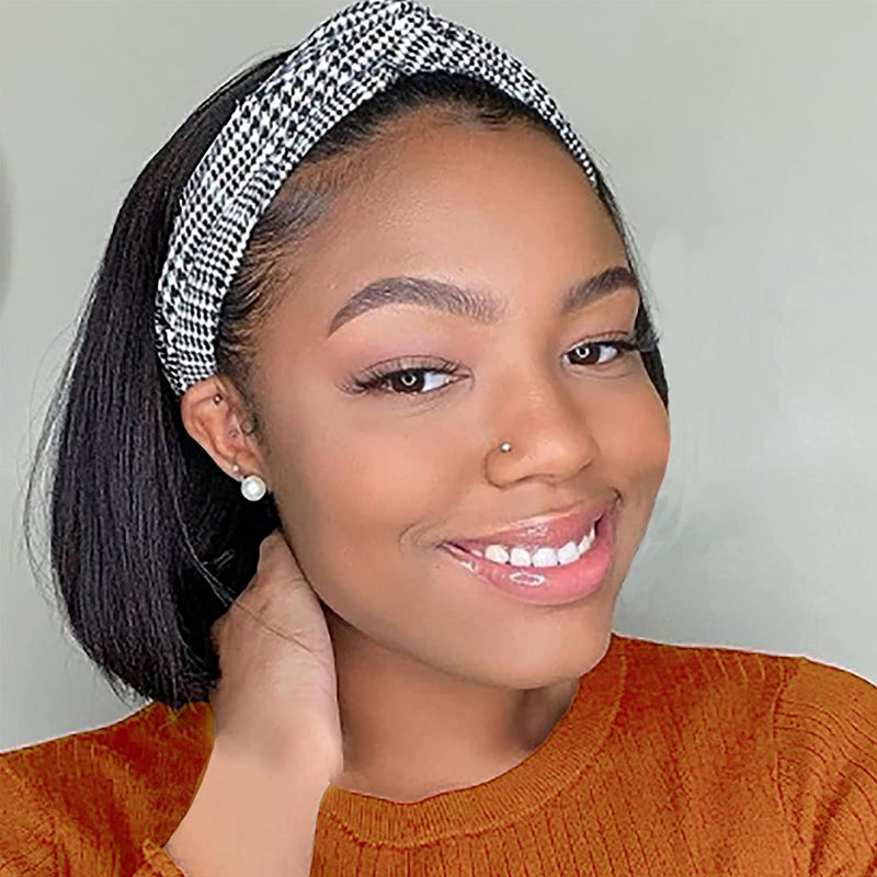 Adette Bob Human Hair Headband Wigs Straight Headband Wigs For Black Women Short Bob Human Hair Wigs Color 1B Natural Black None Front Lace 150% Density Brazilian Human Hair Headband Wig (8") - Image 1