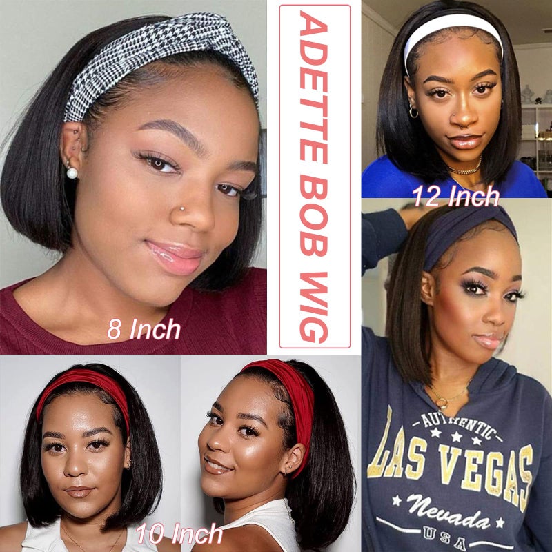Adette Bob Human Hair Headband Wigs Straight Headband Wigs For Black Women Short Bob Human Hair Wigs Color 1B Natural Black None Front Lace 150% Density Brazilian Human Hair Headband Wig (8") - Image 5