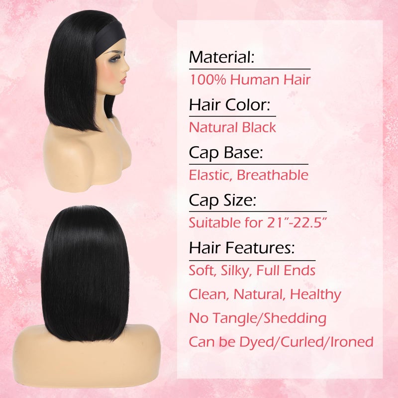 Adette Bob Human Hair Headband Wigs Straight Headband Wigs For Black Women Short Bob Human Hair Wigs Color 1B Natural Black None Front Lace 150% Density Brazilian Human Hair Headband Wig (8") - Image 3