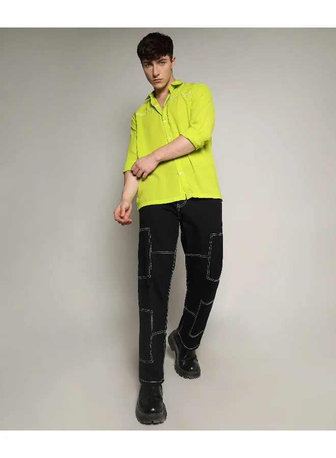 Campus Sutra Men's Lime Green Contrast Piping Shirt For Casual Wear | Spread Collar | Long Sleeve | Button Closure | Shirt Crafted With Comfort Fit For Everyday Wear