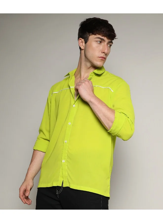 Campus Sutra Men's Lime Green Contrast Piping Shirt For Casual Wear | Spread Collar | Long Sleeve | Button Closure | Shirt Crafted With Comfort Fit For Everyday Wear