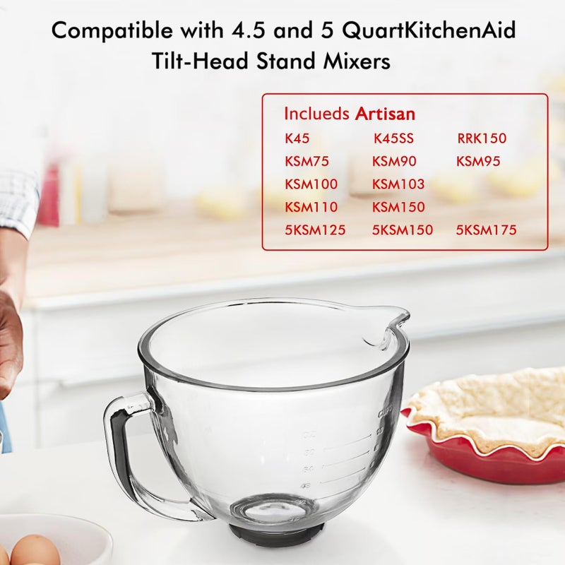 FOTRIC Glass Mixing Bowl 5 QT for KitchenAid 4.5 and 5 Quart Tilt-Head Stand Mixers, Fits Artisan KSM150, RRK150, KSM100, K45SS, KSM90, KSM95, K45, KSM110, 5KSM125 and More  - Image 3