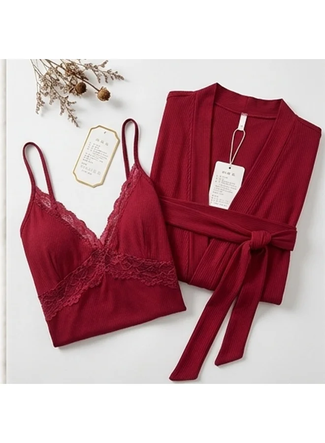 Caprisious  Lace-Trimmed Ribbed Lounge Set – 2-Piece Robe & Nightgown Set for Women | Best Price UAE