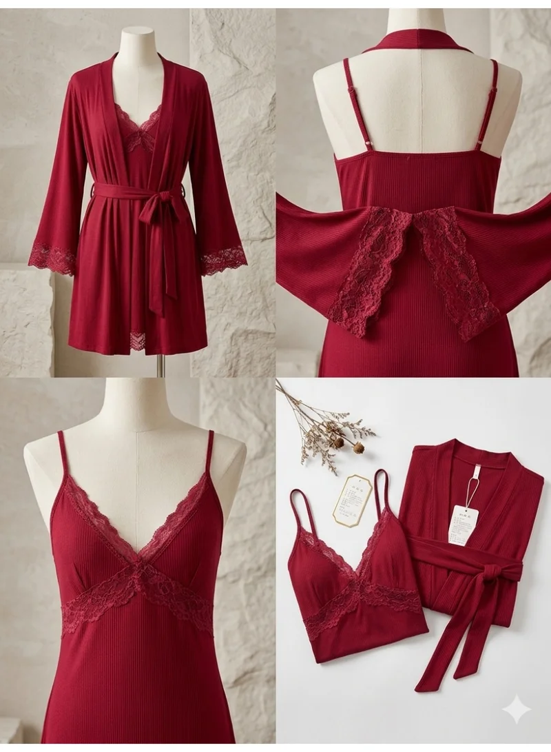 Caprisious  Lace-Trimmed Ribbed Lounge Set – 2-Piece Robe & Nightgown Set for Women | Best Price UAE