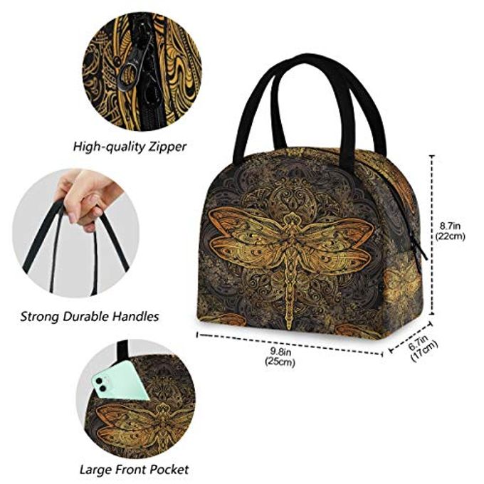 ZzWwR England London Landmark Symbols Lettering Pattern Reusable Lunch Tote Bag with Front Pocket Zipper Closure Insulated Thermal Cooler Container Bag for Work Picnic Travel Beach Fishing - Image 3