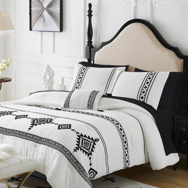 MaiRÃªve MAIREVE Embroidery Comforter Set Queen Size  7 Piece White Boho Western Bedding All Season Bed in A Bag Farmhouse Queen Comforter Set with Sheets Pillowcases  Shams 
