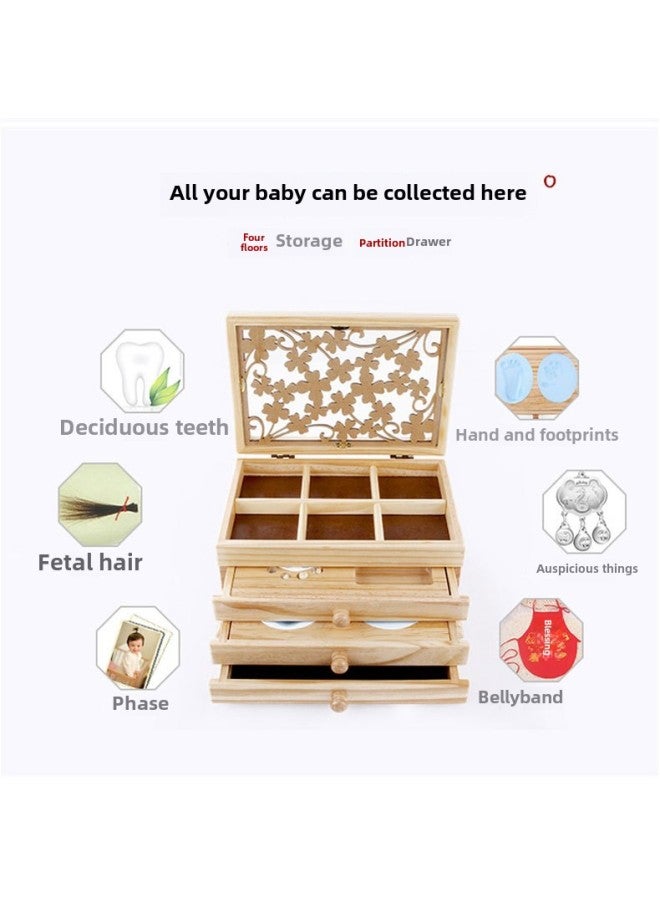 Multifunctional Children's Teeth Storage Box Baby Teeth Storage Fetal Hair Umbilical Cord Collection Storage Memorial Hand And Foot Print Box-Color:Wood Color Gold Ink Pad - Image 1