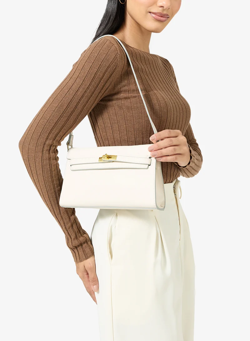 ELLA Cream gold accent structured buckle detailed shoulder bag for Women | Best Price UAE