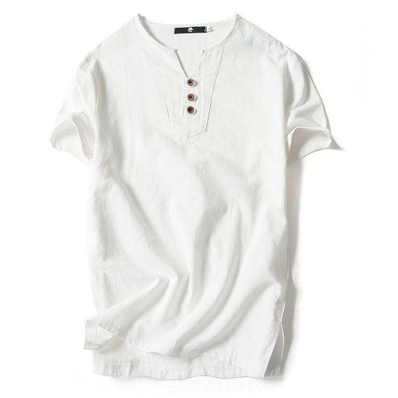 Chinese Style Linen T-Shirt Men'S Short-Sleeved Summer Solid Color Cotton And Linen Half-Sleeved V-Neck Base Shirt Chinese Style Men'S All-Match Top - Image 1